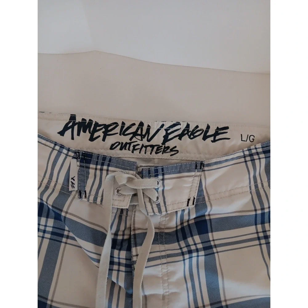 American Eagle Outfitters Mens Blue White Plaid Board Shorts Swim Trunks Size L